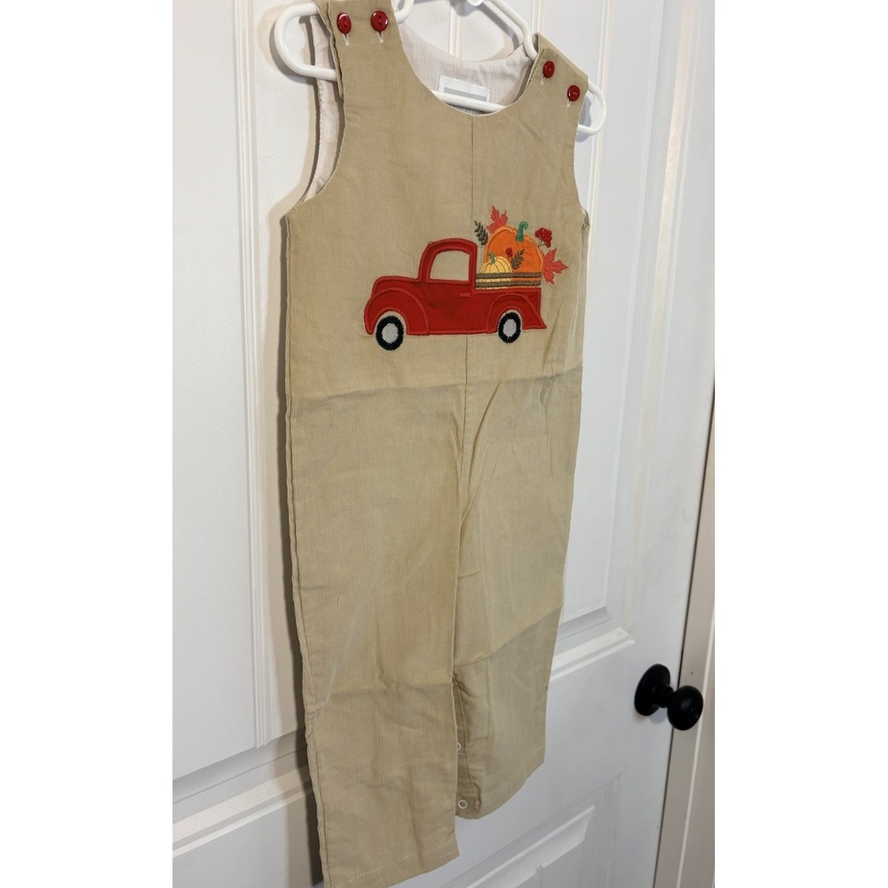 Lil Cactus Boys 18-24M Pumpkin Truck Applique Tan Corduroy Longall Romper NWT